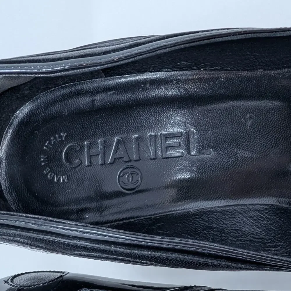 Chanel Black Leather Patent CC Logo Peep Toe Pumps Heels 36